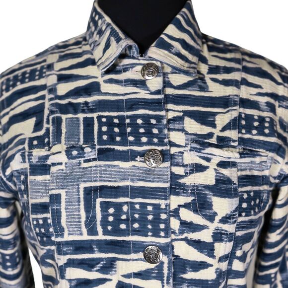 Chico's Women's Jacket Beige Blue Abstract Navajo Tribal Geometric Pockets 0 S/4 - Picture 4 of 10